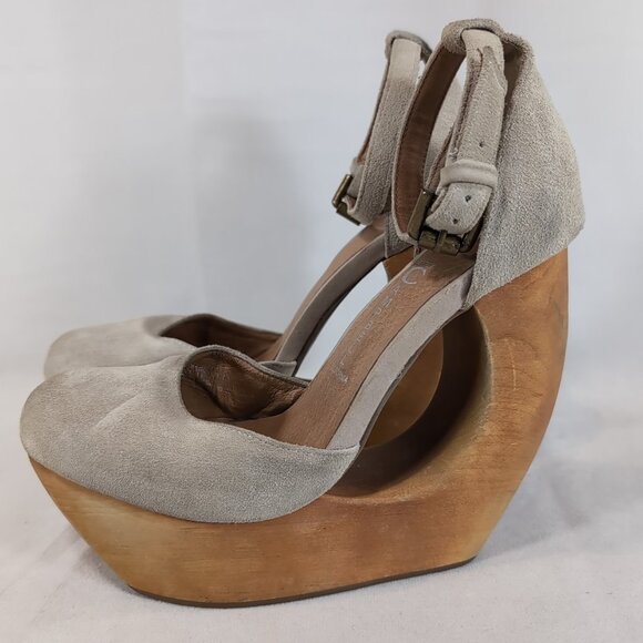 Jeffrey Campbell Havana Last Handmade Wood Wedge Heels Sandals Open Toe 38 Beige - Picture 1 of 16